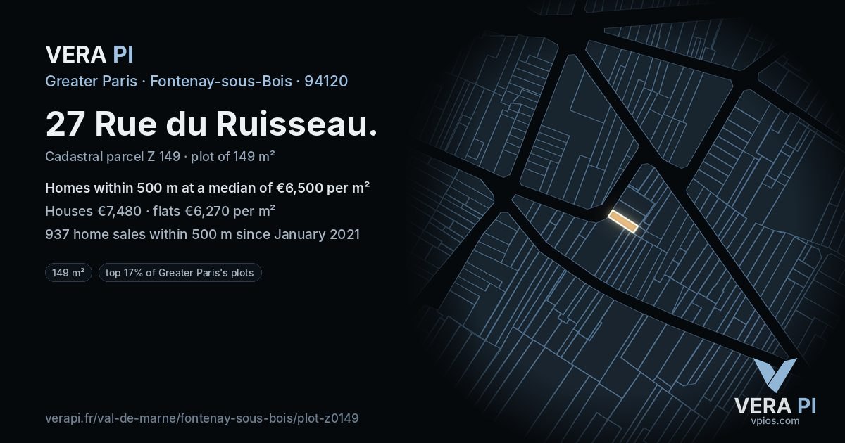 27 Rue du Ruisseau, Fontenay-sous-Bois at night – the plot lit, the parcels around coloured by the prices near them