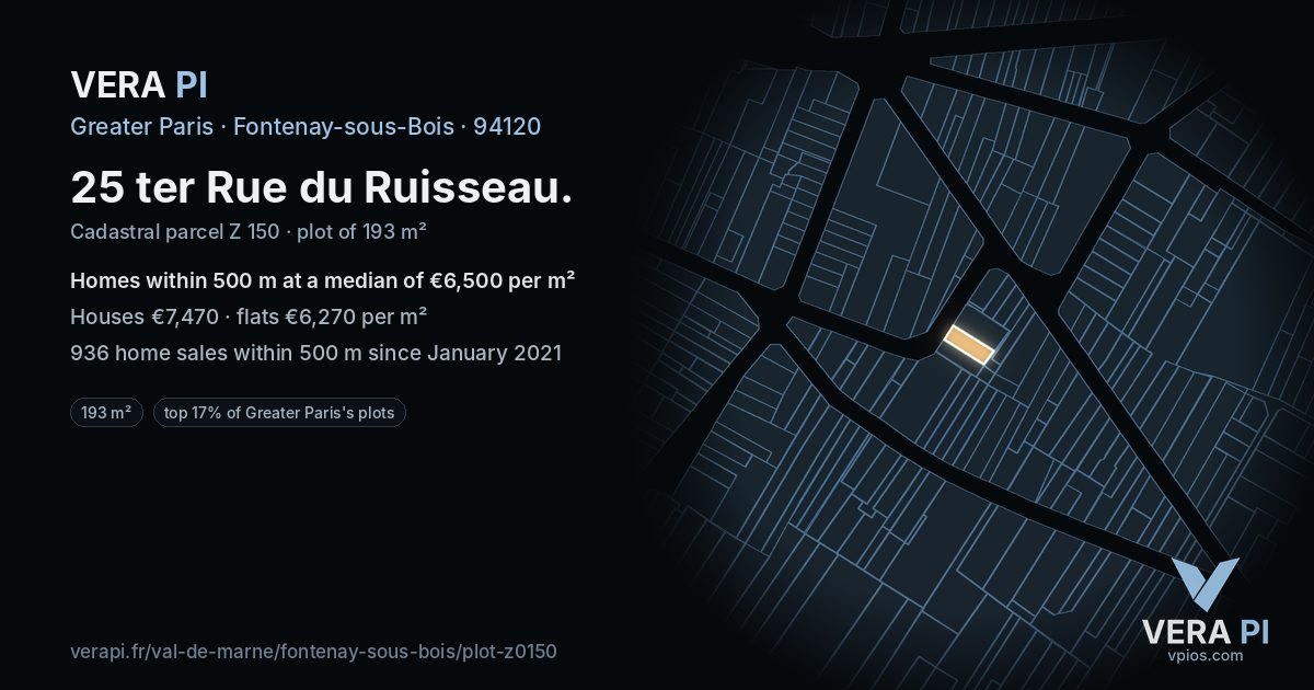 25 ter Rue du Ruisseau, Fontenay-sous-Bois at night – the plot lit, the parcels around coloured by the prices near them