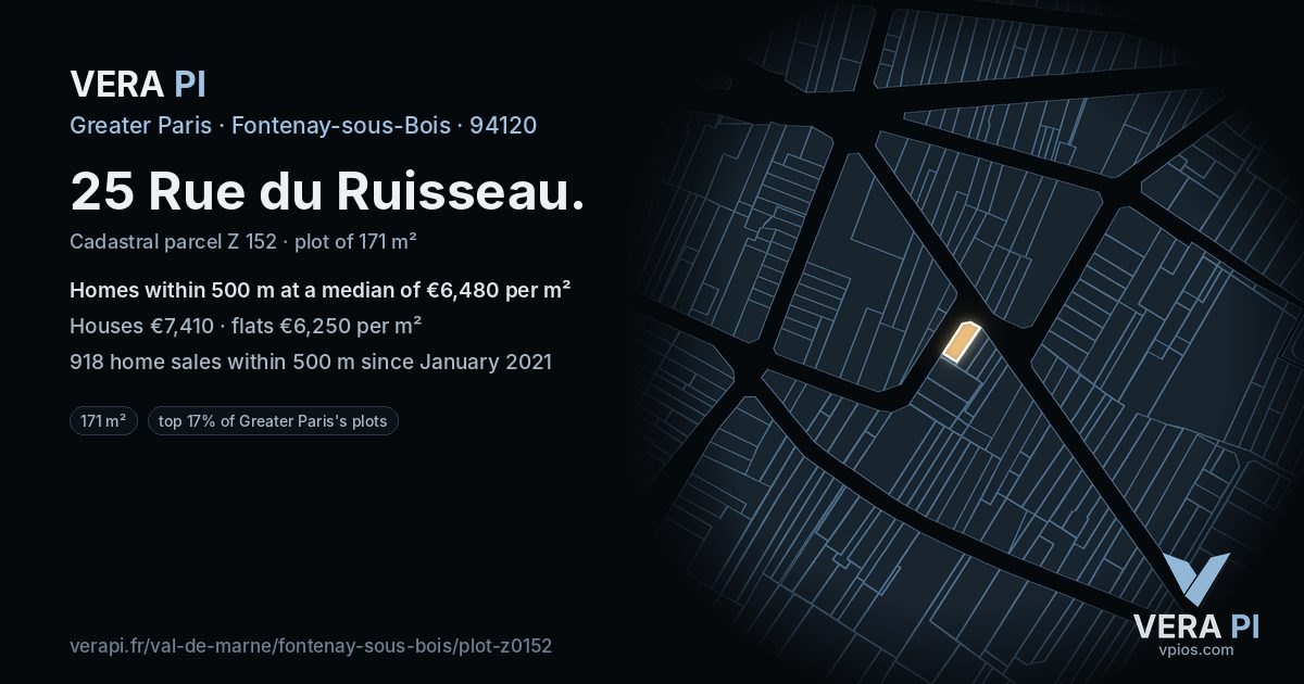 25 Rue du Ruisseau, Fontenay-sous-Bois at night – the plot lit, the parcels around coloured by the prices near them