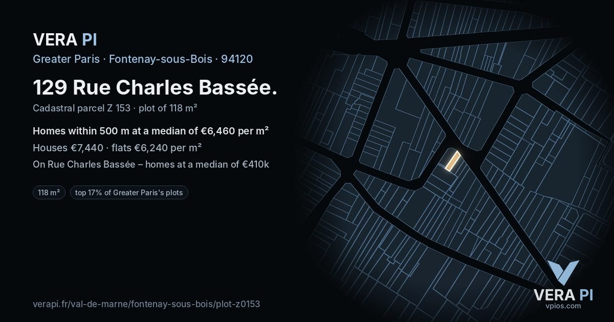 129 Rue Charles Bassée, Fontenay-sous-Bois at night – the plot lit, the parcels around coloured by the prices near them