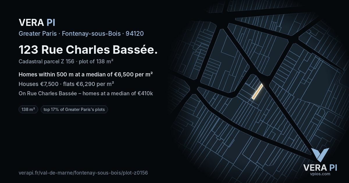 123 Rue Charles Bassée, Fontenay-sous-Bois at night – the plot lit, the parcels around coloured by the prices near them
