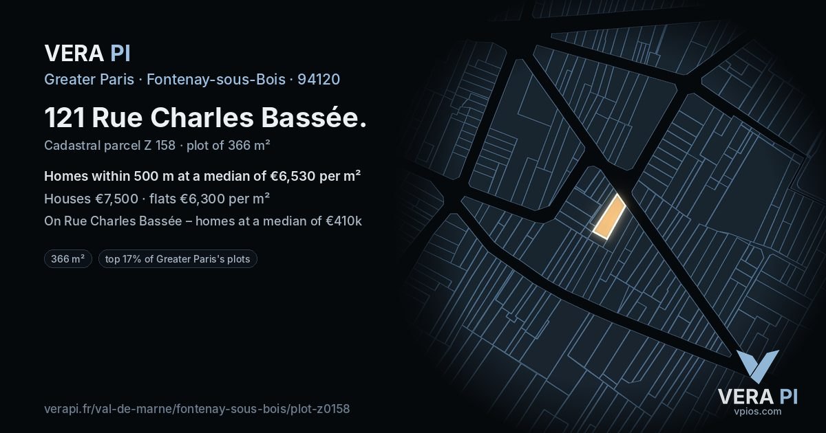 121 Rue Charles Bassée, Fontenay-sous-Bois at night – the plot lit, the parcels around coloured by the prices near them