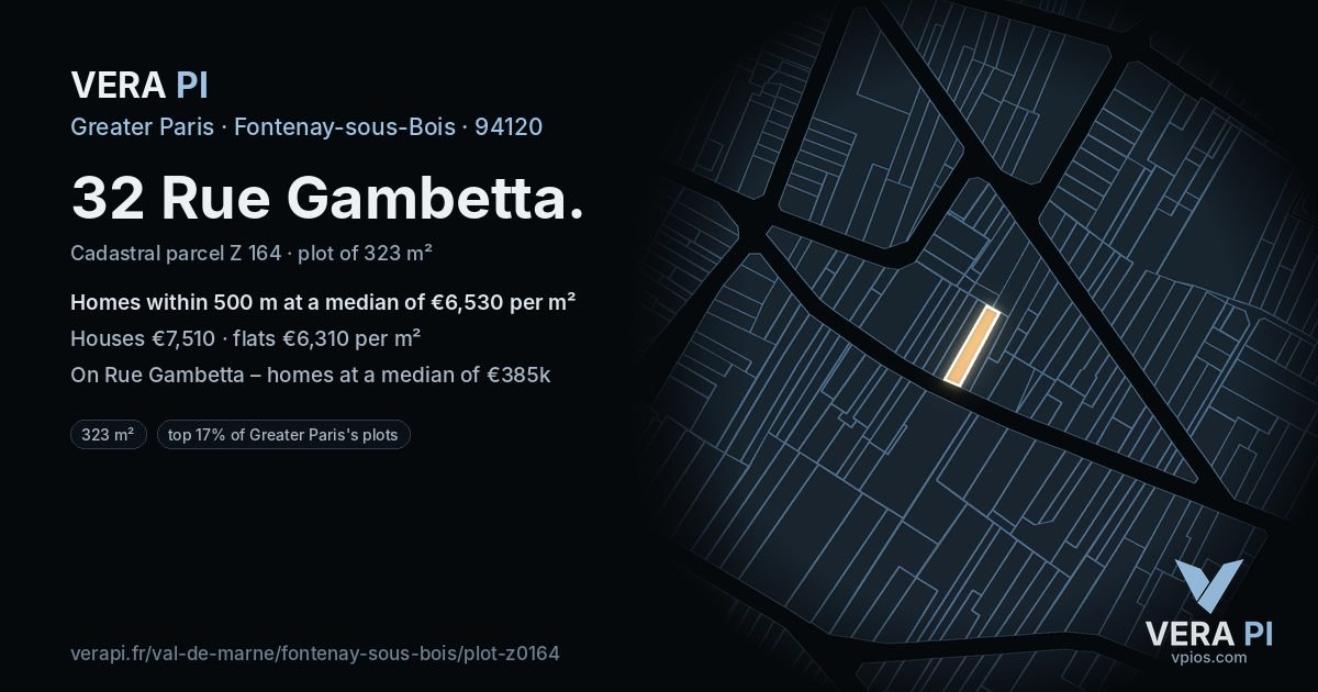32 Rue Gambetta, Fontenay-sous-Bois at night – the plot lit, the parcels around coloured by the prices near them