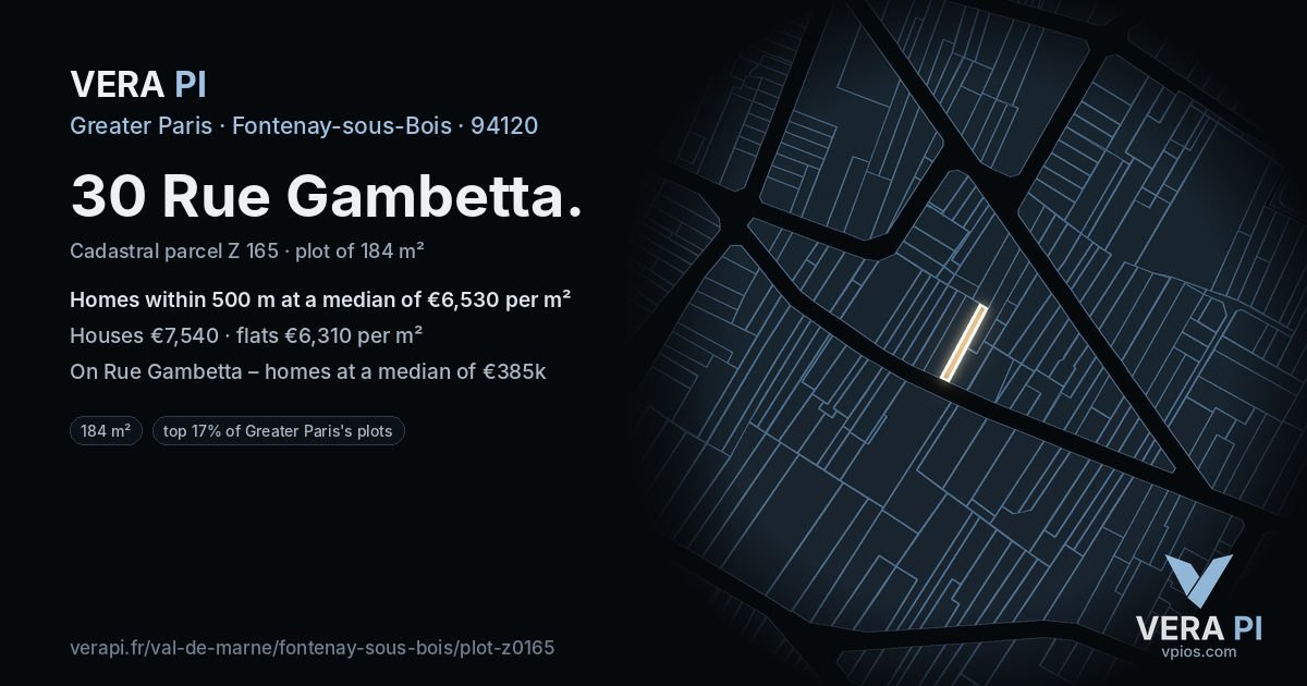 30 Rue Gambetta, Fontenay-sous-Bois at night – the plot lit, the parcels around coloured by the prices near them