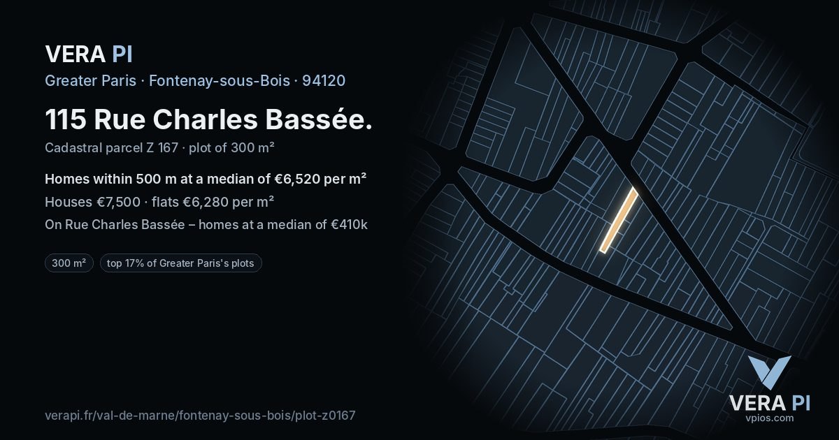 115 Rue Charles Bassée, Fontenay-sous-Bois at night – the plot lit, the parcels around coloured by the prices near them