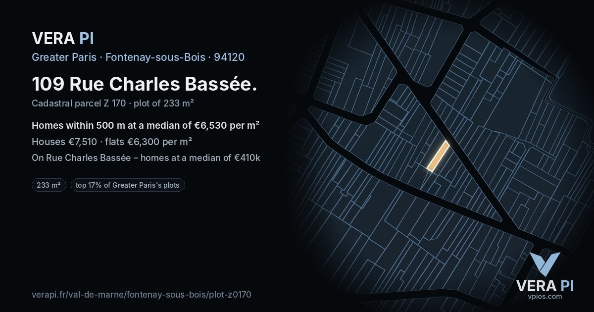 109 Rue Charles Bassée, Fontenay-sous-Bois at night – the plot lit, the parcels around coloured by the prices near them