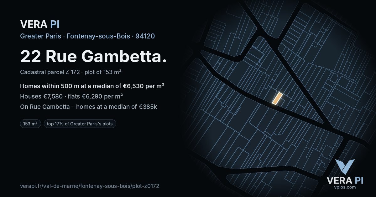22 Rue Gambetta, Fontenay-sous-Bois at night – the plot lit, the parcels around coloured by the prices near them