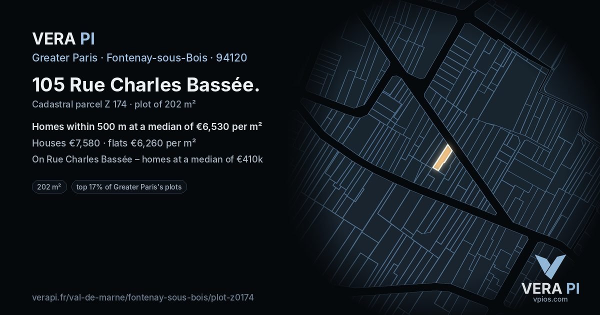 105 Rue Charles Bassée, Fontenay-sous-Bois at night – the plot lit, the parcels around coloured by the prices near them