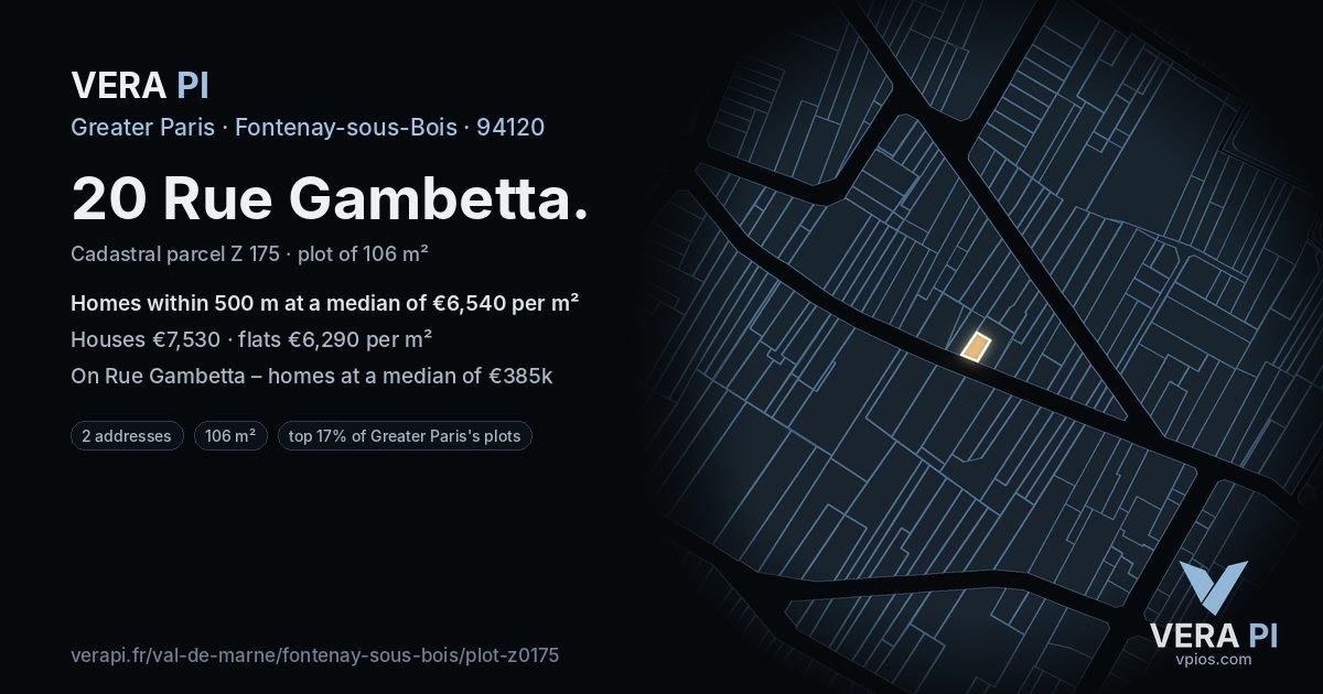 20 Rue Gambetta, Fontenay-sous-Bois at night – the plot lit, the parcels around coloured by the prices near them