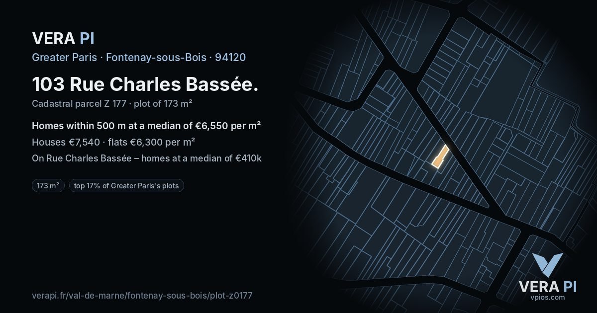 103 Rue Charles Bassée, Fontenay-sous-Bois at night – the plot lit, the parcels around coloured by the prices near them