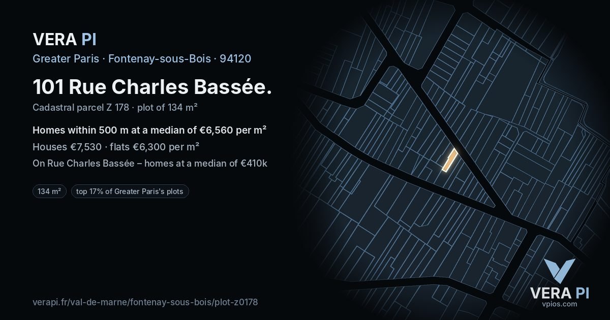 101 Rue Charles Bassée, Fontenay-sous-Bois at night – the plot lit, the parcels around coloured by the prices near them