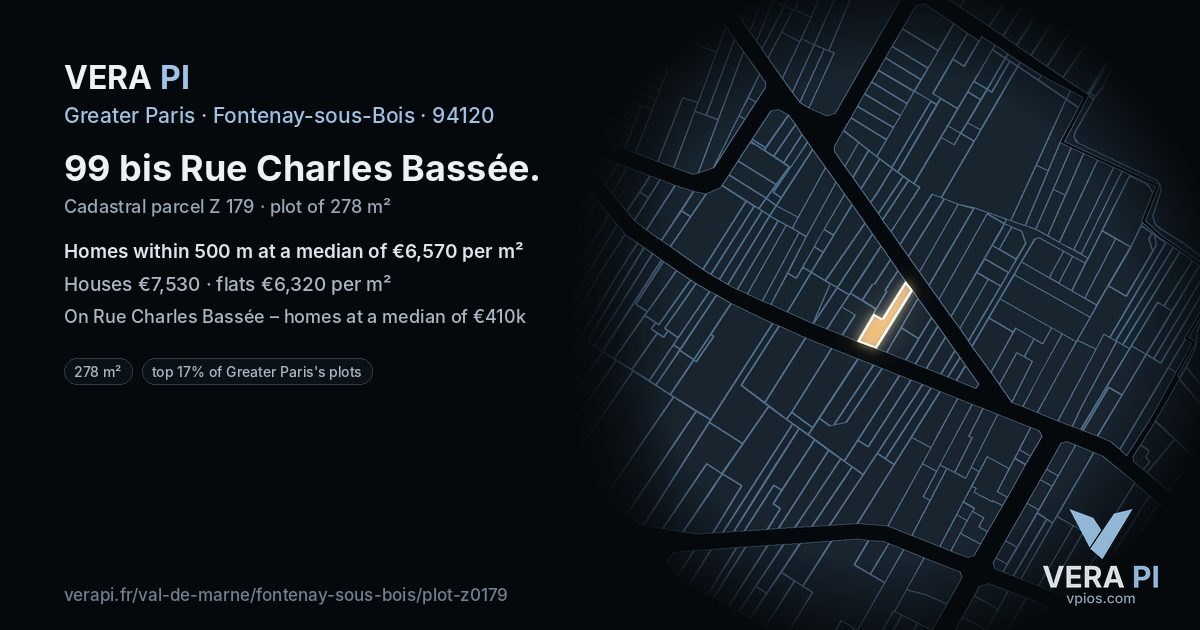 99 bis Rue Charles Bassée, Fontenay-sous-Bois at night – the plot lit, the parcels around coloured by the prices near them