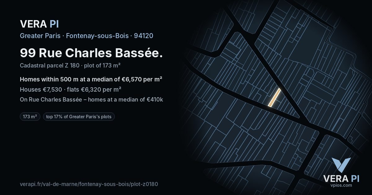 99 Rue Charles Bassée, Fontenay-sous-Bois at night – the plot lit, the parcels around coloured by the prices near them