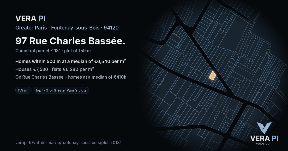 97 Rue Charles Bassée, Fontenay-sous-Bois at night – the plot lit, the parcels around coloured by the prices near them