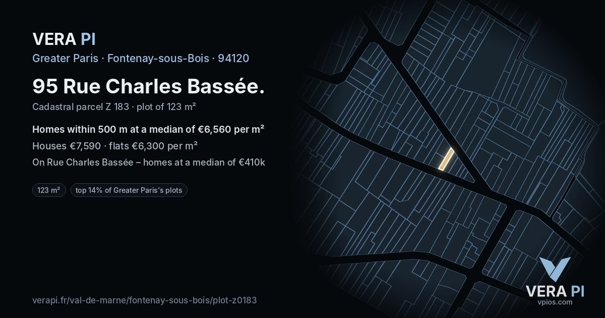 95 Rue Charles Bassée, Fontenay-sous-Bois at night – the plot lit, the parcels around coloured by the prices near them
