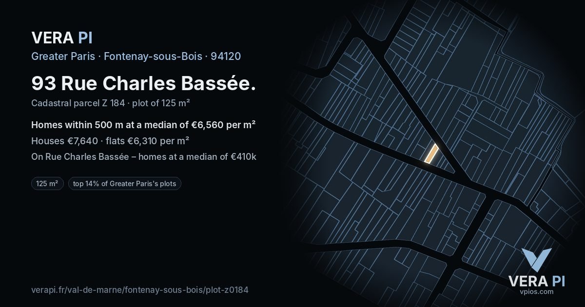 93 Rue Charles Bassée, Fontenay-sous-Bois at night – the plot lit, the parcels around coloured by the prices near them