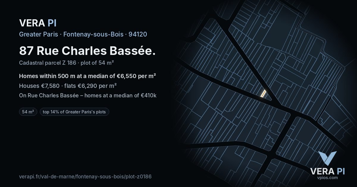 87 Rue Charles Bassée, Fontenay-sous-Bois at night – the plot lit, the parcels around coloured by the prices near them