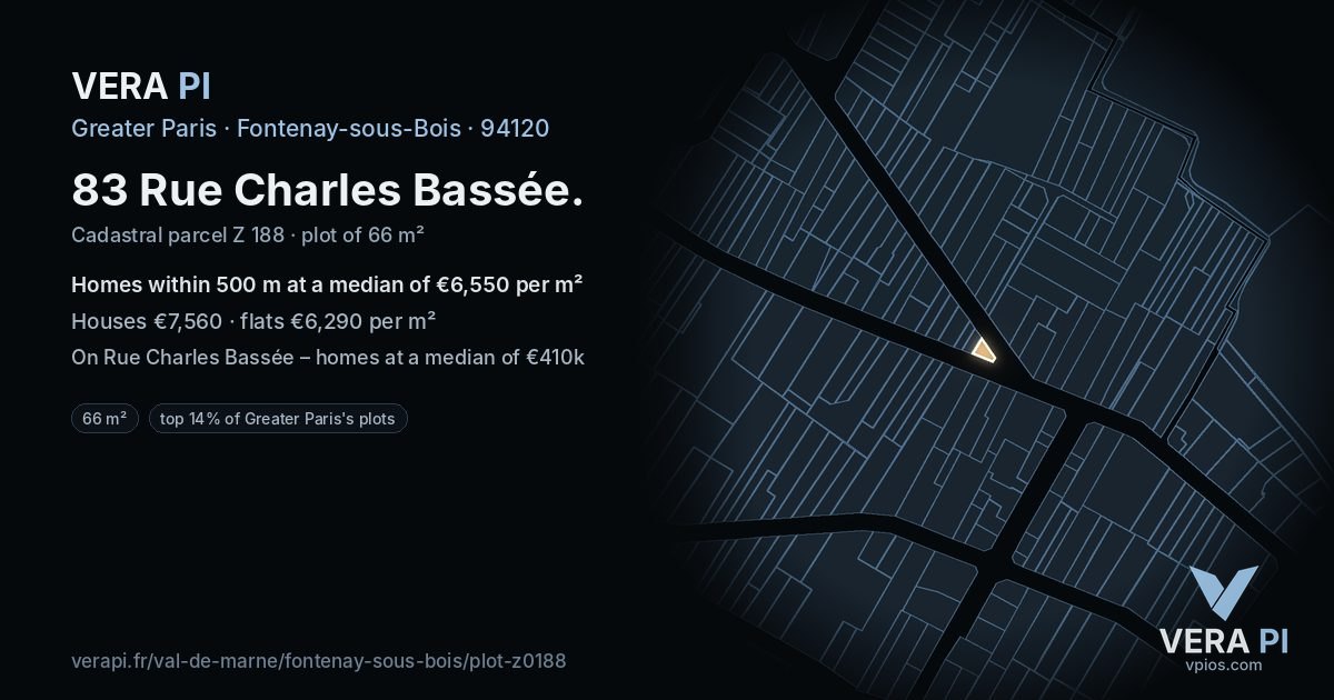 83 Rue Charles Bassée, Fontenay-sous-Bois at night – the plot lit, the parcels around coloured by the prices near them