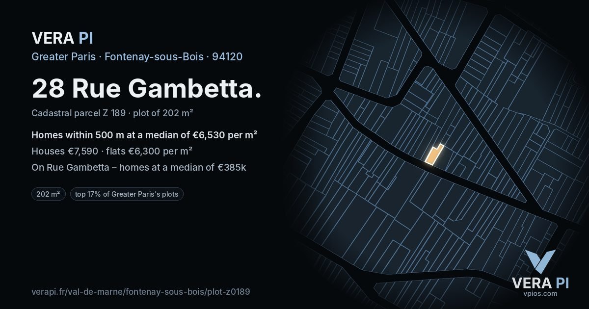 28 Rue Gambetta, Fontenay-sous-Bois at night – the plot lit, the parcels around coloured by the prices near them