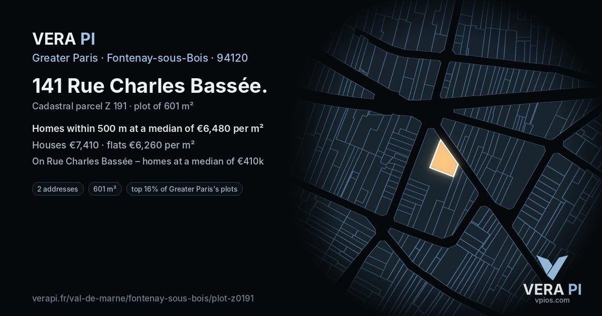 141 Rue Charles Bassée, Fontenay-sous-Bois at night – the plot lit, the parcels around coloured by the prices near them