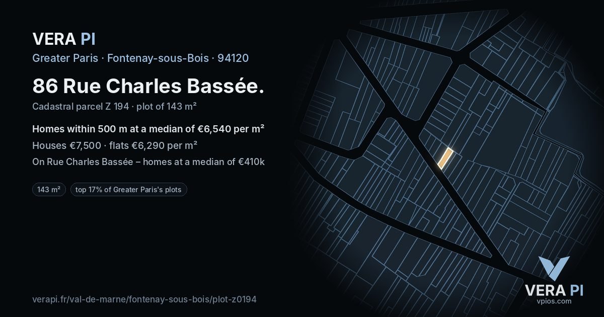 86 Rue Charles Bassée, Fontenay-sous-Bois at night – the plot lit, the parcels around coloured by the prices near them