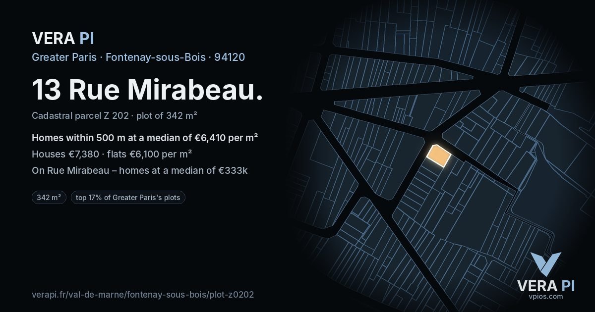 13 Rue Mirabeau, Fontenay-sous-Bois at night – the plot lit, the parcels around coloured by the prices near them