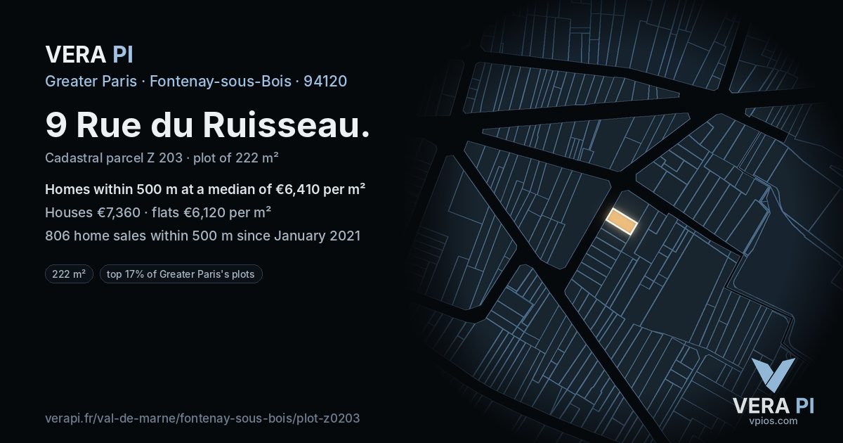 9 Rue du Ruisseau, Fontenay-sous-Bois at night – the plot lit, the parcels around coloured by the prices near them