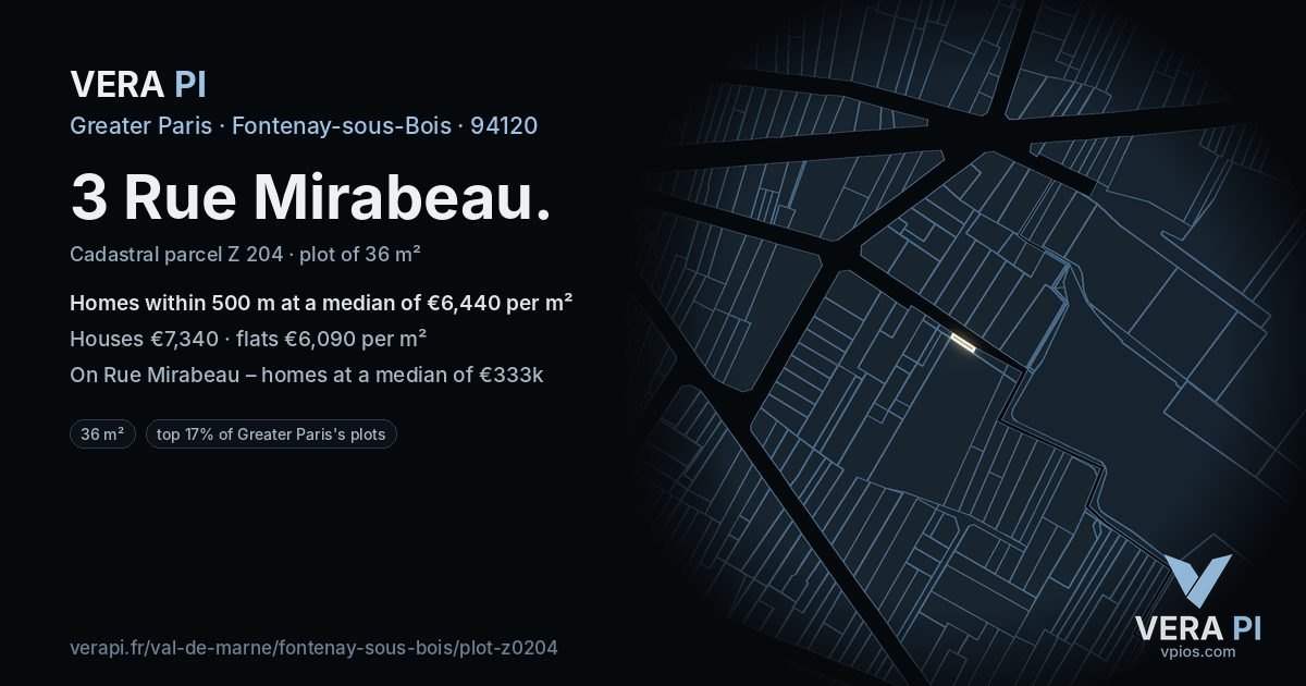 3 Rue Mirabeau, Fontenay-sous-Bois at night – the plot lit, the parcels around coloured by the prices near them
