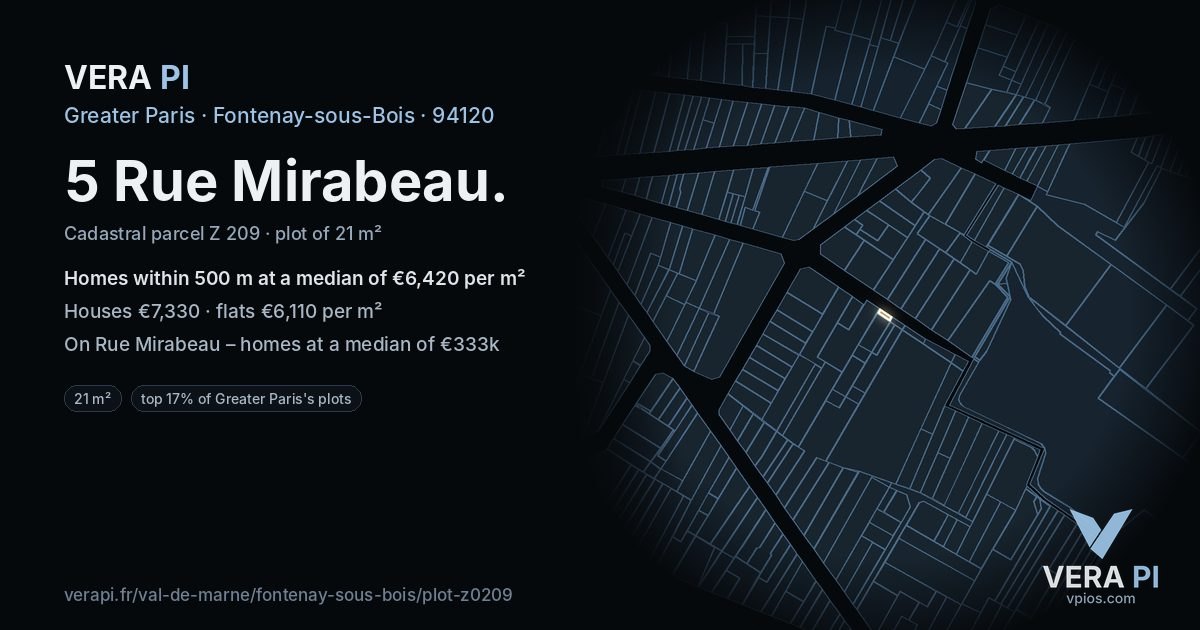 5 Rue Mirabeau, Fontenay-sous-Bois at night – the plot lit, the parcels around coloured by the prices near them
