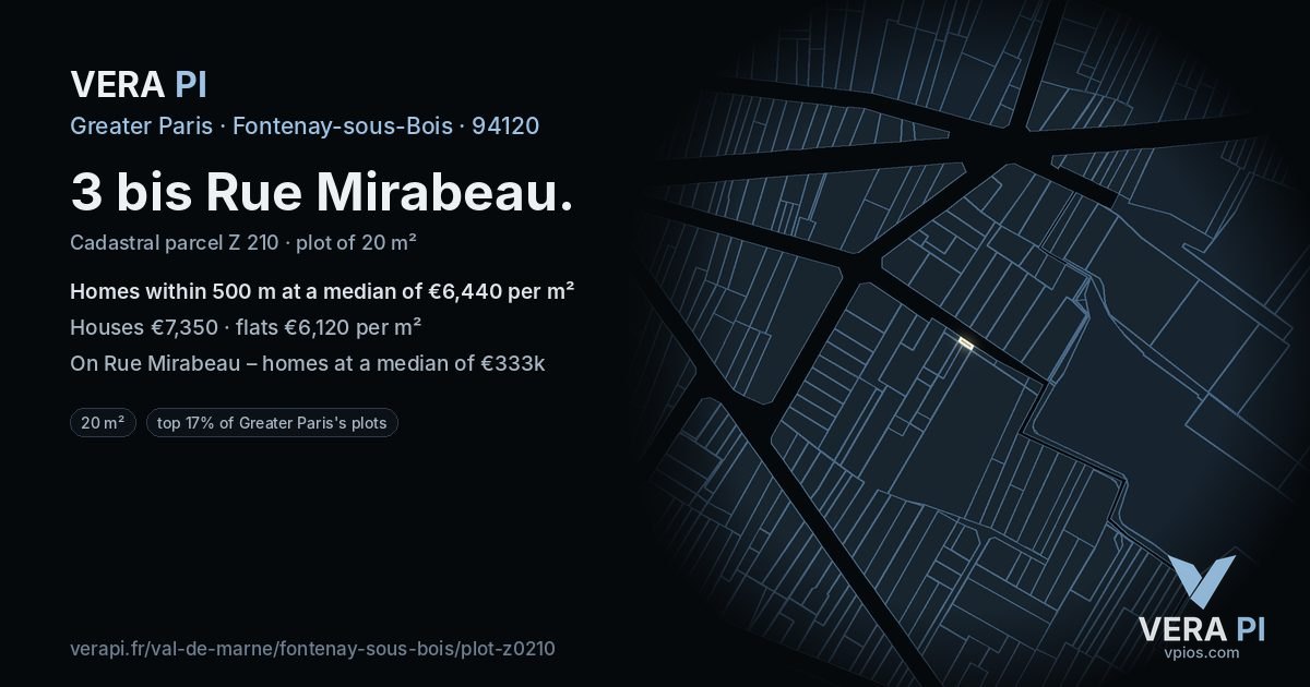 3 bis Rue Mirabeau, Fontenay-sous-Bois at night – the plot lit, the parcels around coloured by the prices near them