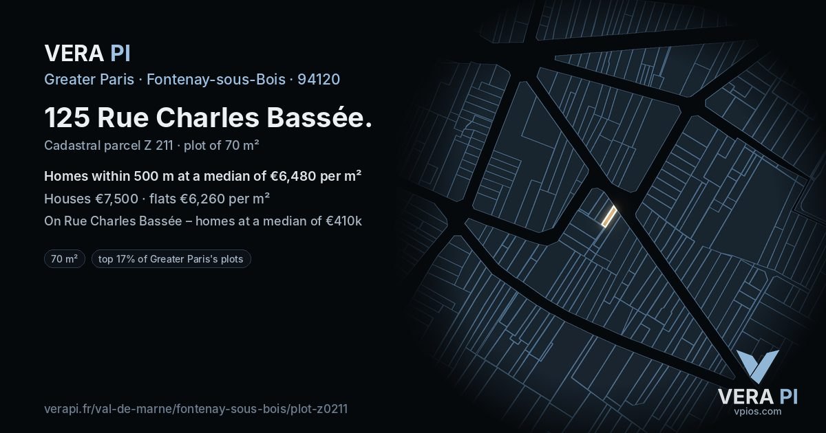 125 Rue Charles Bassée, Fontenay-sous-Bois at night – the plot lit, the parcels around coloured by the prices near them