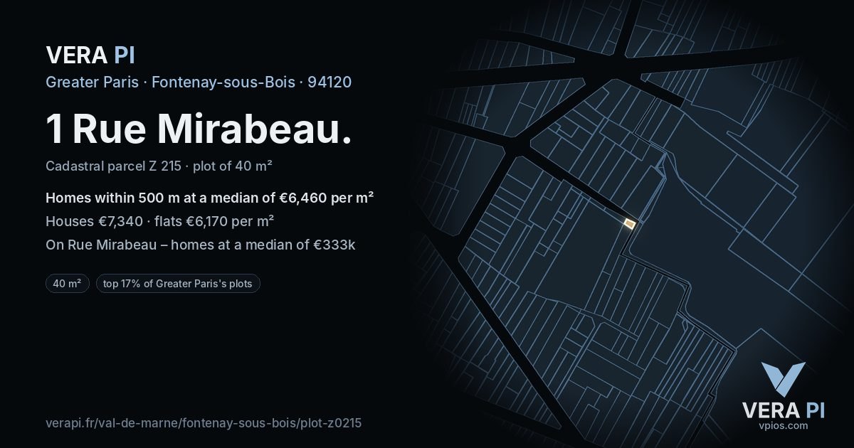 1 Rue Mirabeau, Fontenay-sous-Bois at night – the plot lit, the parcels around coloured by the prices near them