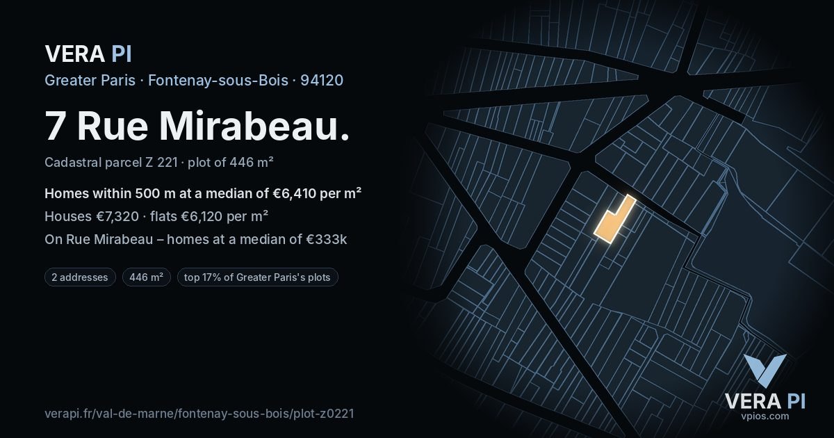 7 Rue Mirabeau, Fontenay-sous-Bois at night – the plot lit, the parcels around coloured by the prices near them