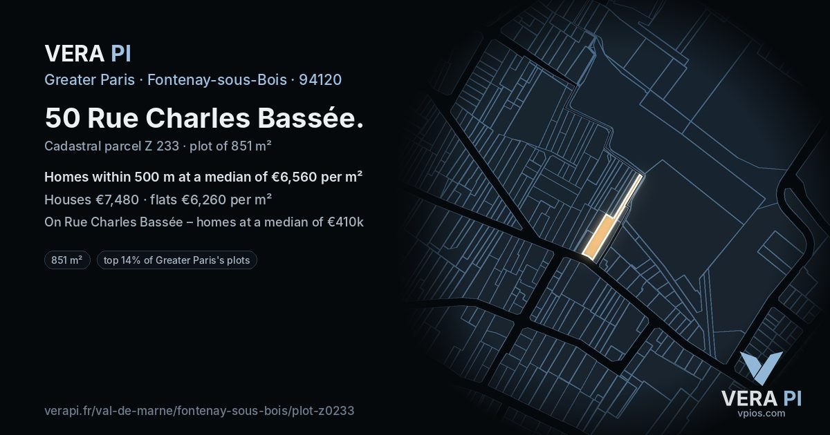 50 Rue Charles Bassée, Fontenay-sous-Bois at night – the plot lit, the parcels around coloured by the prices near them