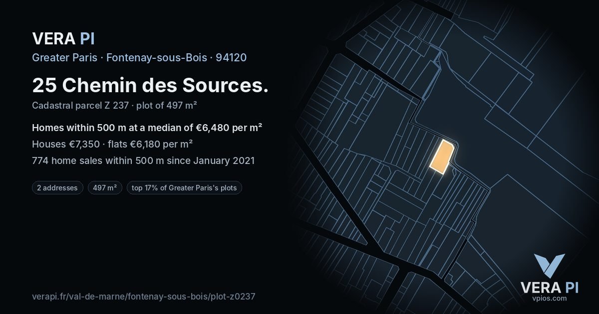 25 Chemin des Sources, Fontenay-sous-Bois at night – the plot lit, the parcels around coloured by the prices near them