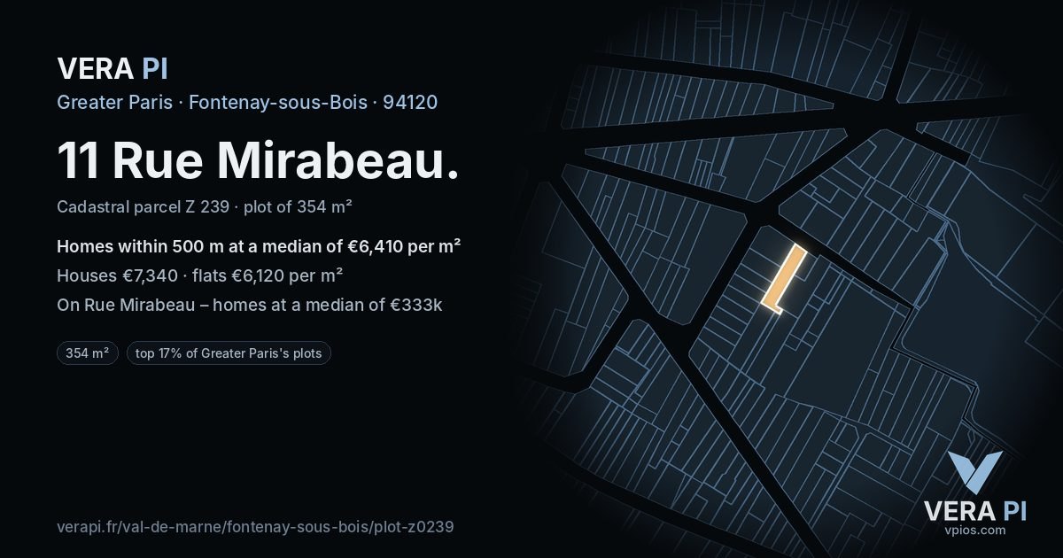11 Rue Mirabeau, Fontenay-sous-Bois at night – the plot lit, the parcels around coloured by the prices near them