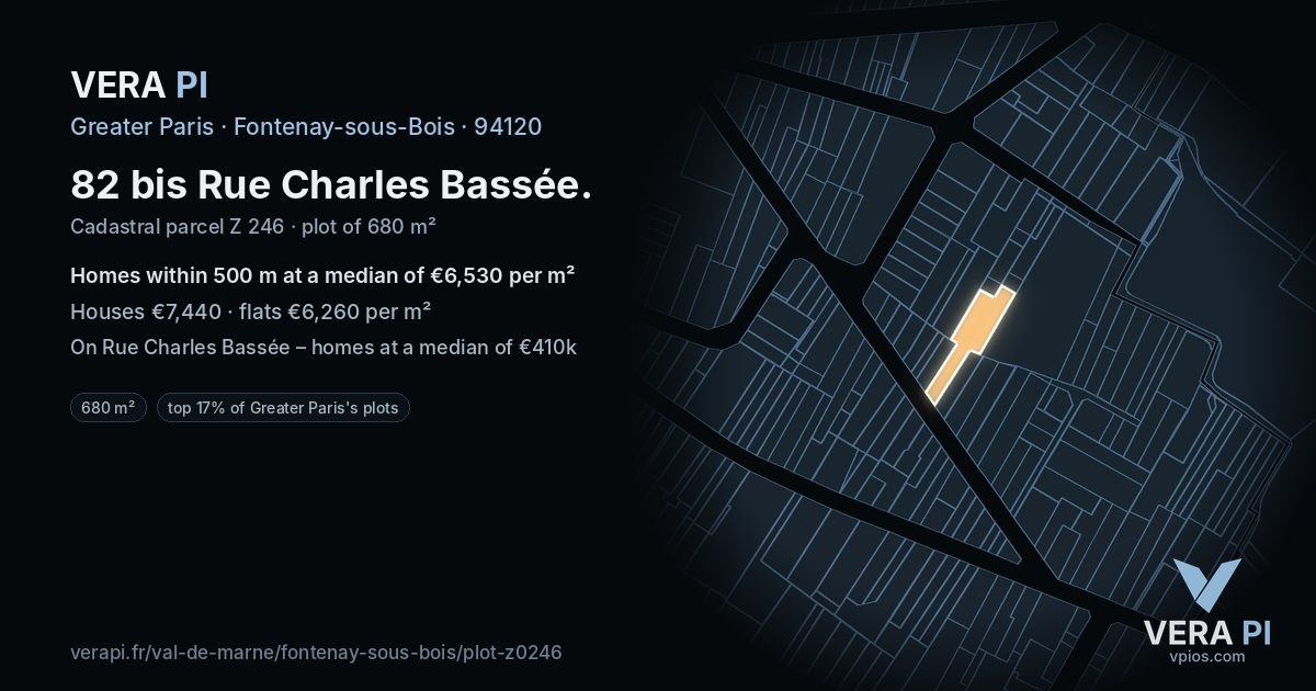 82 bis Rue Charles Bassée, Fontenay-sous-Bois at night – the plot lit, the parcels around coloured by the prices near them