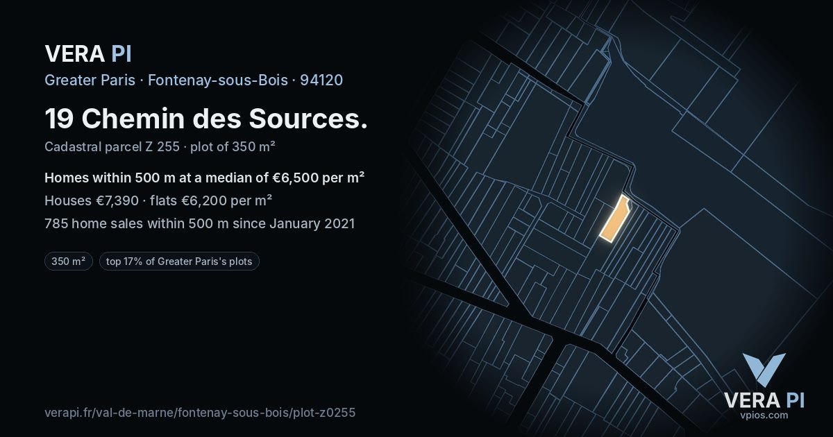 19 Chemin des Sources, Fontenay-sous-Bois at night – the plot lit, the parcels around coloured by the prices near them
