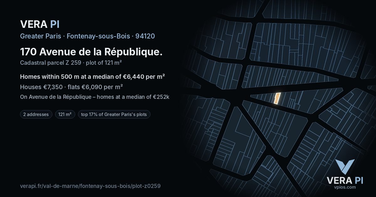 170 Avenue de la République, Fontenay-sous-Bois at night – the plot lit, the parcels around coloured by the prices near them
