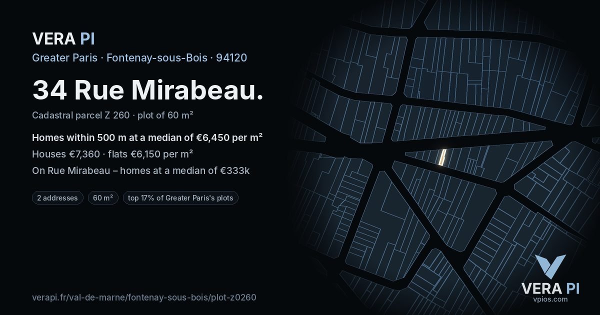 34 Rue Mirabeau, Fontenay-sous-Bois at night – the plot lit, the parcels around coloured by the prices near them