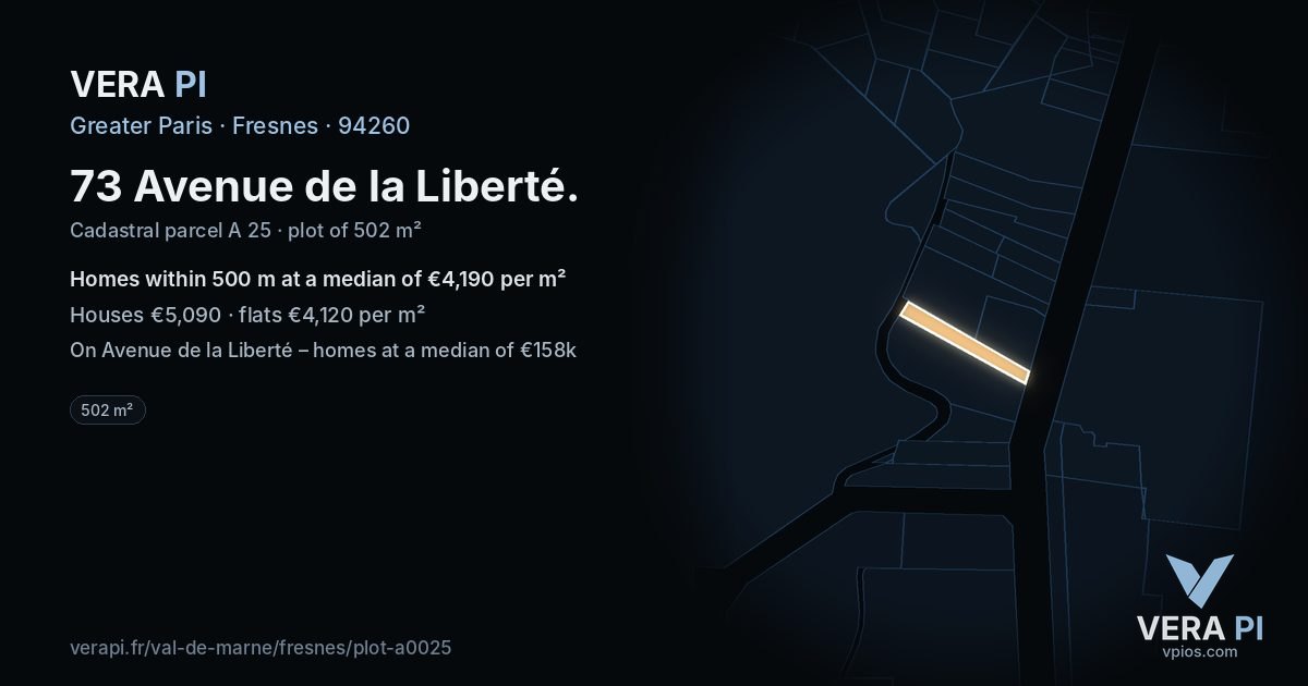 73 Avenue de la Liberté, Fresnes at night – the plot lit, the parcels around coloured by the prices near them