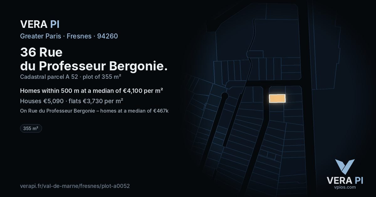 36 Rue du Professeur Bergonie, Fresnes at night – the plot lit, the parcels around coloured by the prices near them
