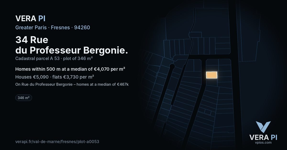 34 Rue du Professeur Bergonie, Fresnes at night – the plot lit, the parcels around coloured by the prices near them