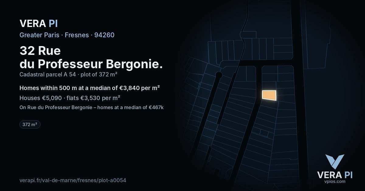 32 Rue du Professeur Bergonie, Fresnes at night – the plot lit, the parcels around coloured by the prices near them
