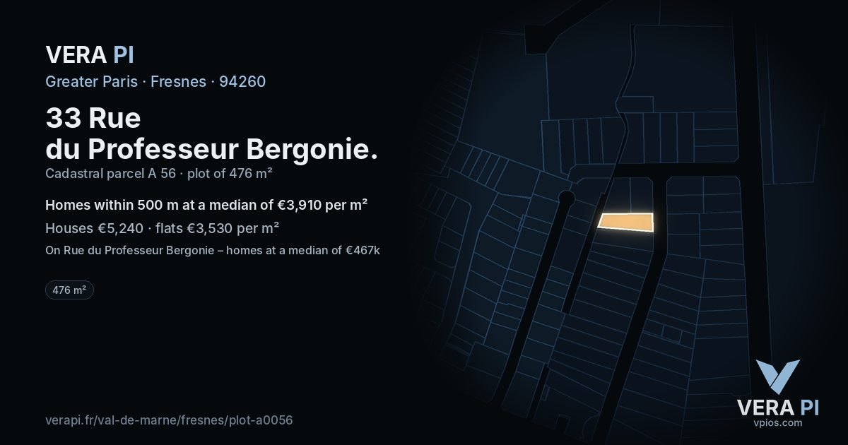 33 Rue du Professeur Bergonie, Fresnes at night – the plot lit, the parcels around coloured by the prices near them
