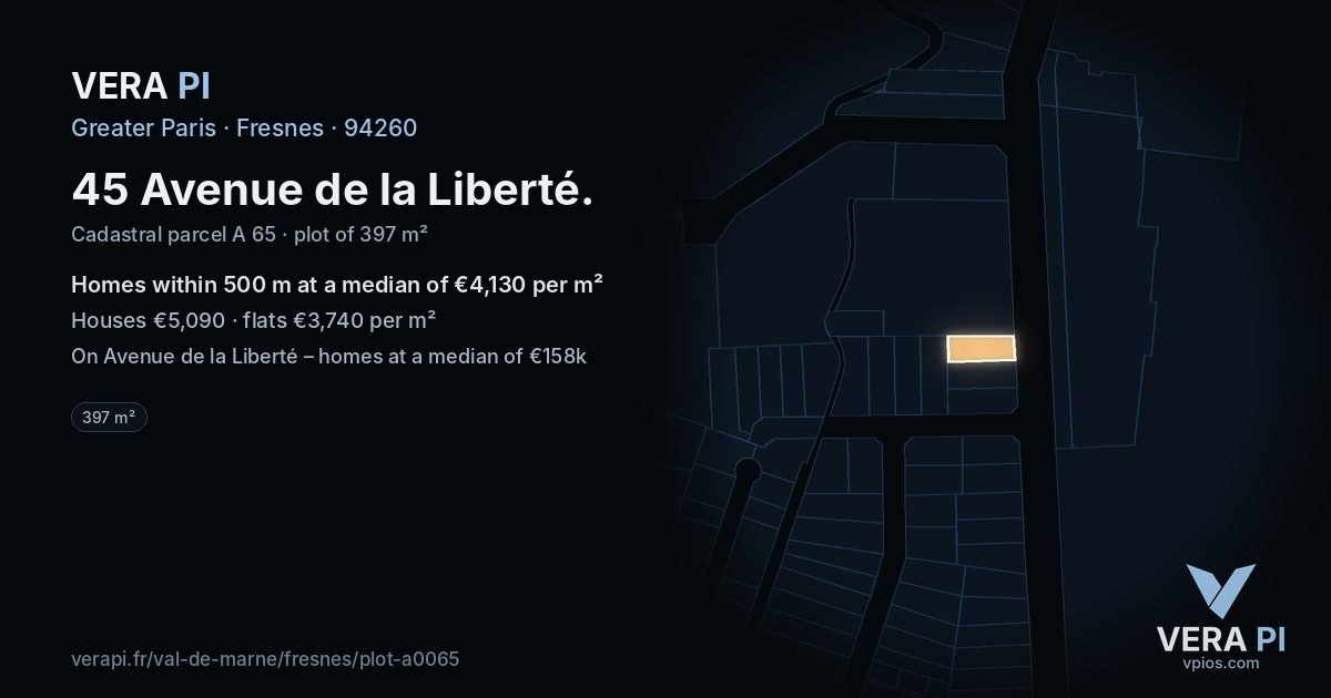 45 Avenue de la Liberté, Fresnes at night – the plot lit, the parcels around coloured by the prices near them