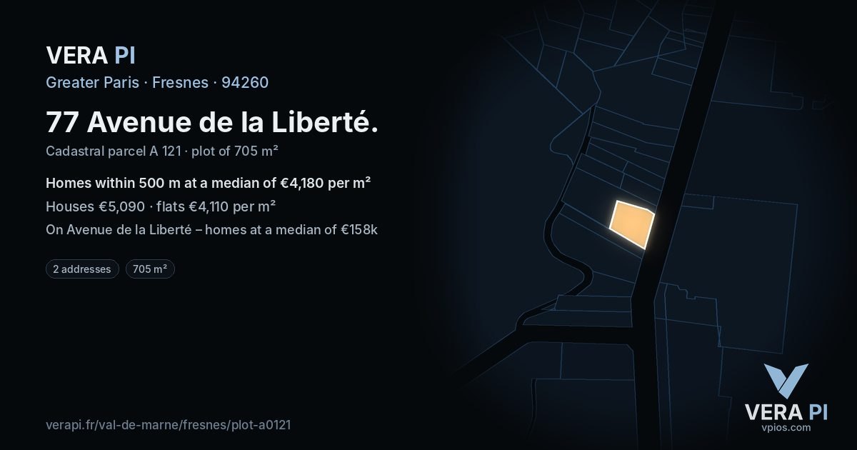 77 Avenue de la Liberté, Fresnes at night – the plot lit, the parcels around coloured by the prices near them