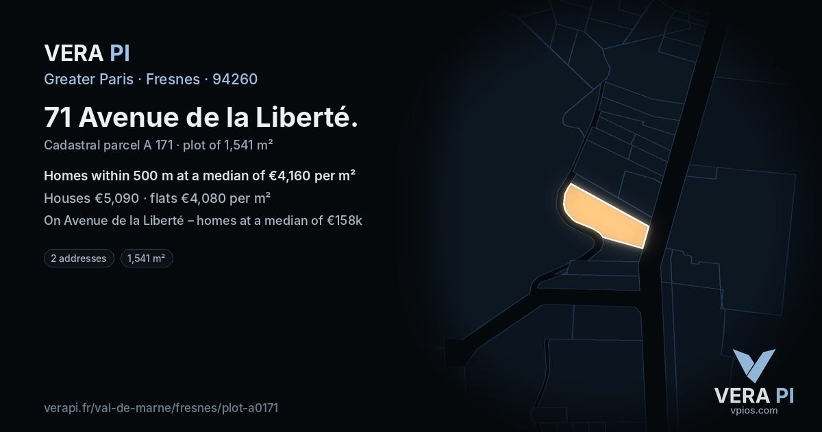71 Avenue de la Liberté, Fresnes at night – the plot lit, the parcels around coloured by the prices near them