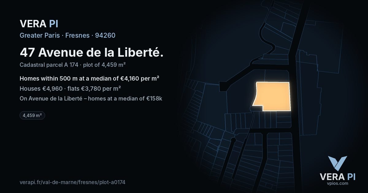 47 Avenue de la Liberté, Fresnes at night – the plot lit, the parcels around coloured by the prices near them