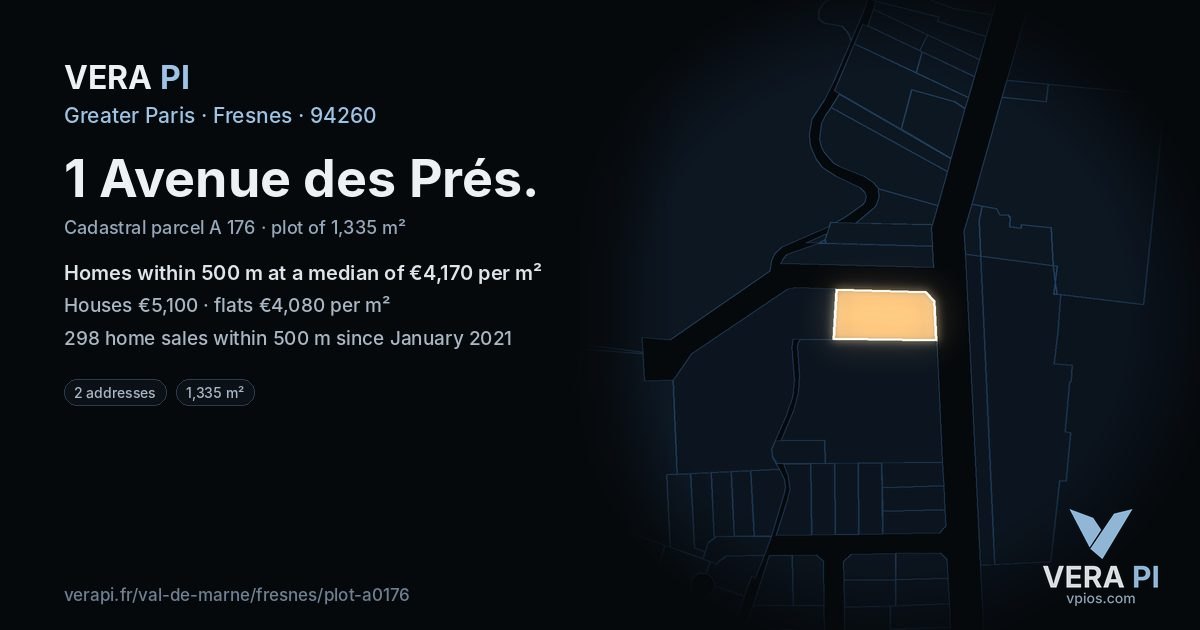 1 Avenue des Prés, Fresnes at night – the plot lit, the parcels around coloured by the prices near them